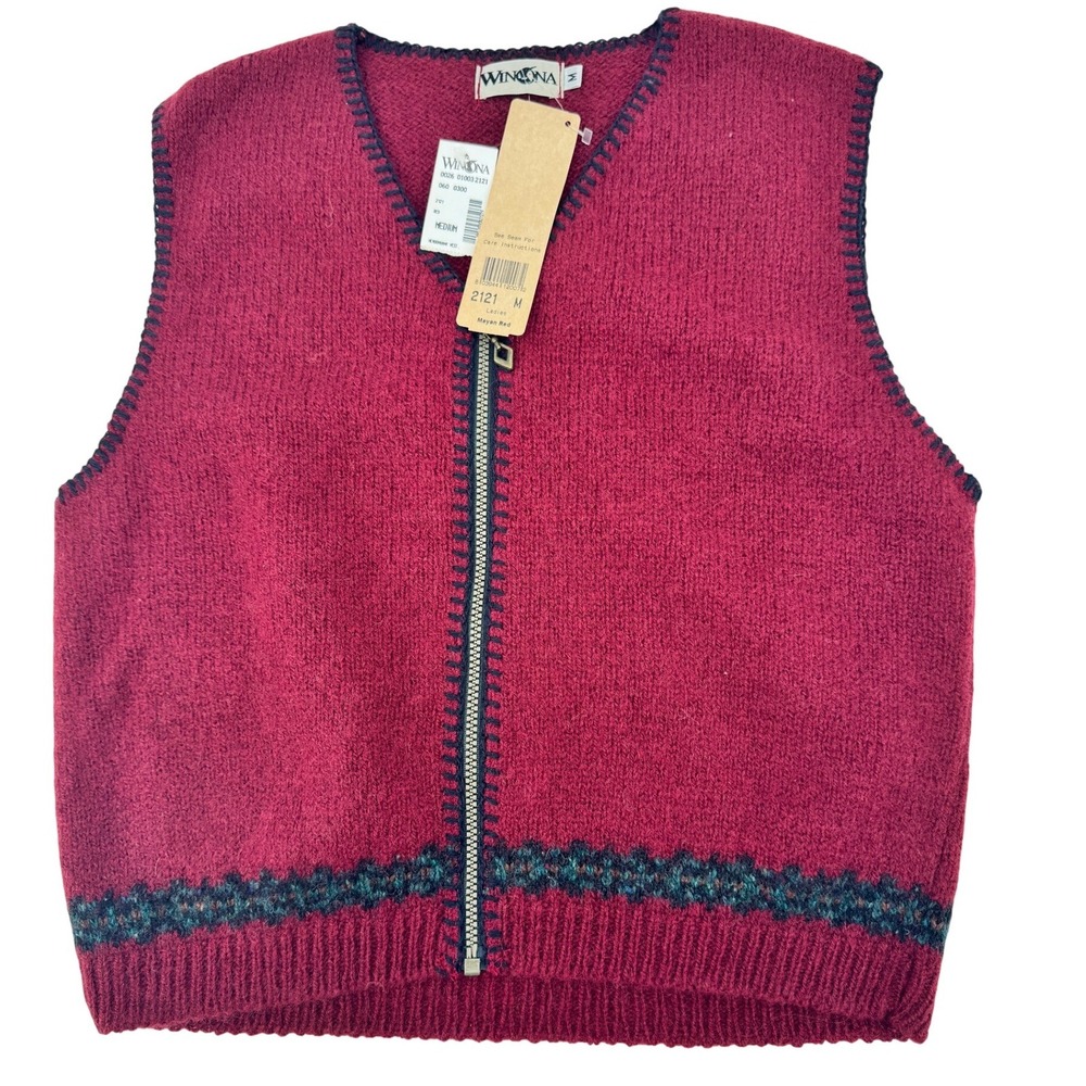 WINONA Sweater Vest Zip Up Womens Medium New Red Mayan Knit‎ Wool Blend Aztec